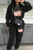 Black Red Casual Graphcis Love Print O Neck Long Sleeve Sweatshirt And Skinny Pants Sportwear Matching Sweatsuit Set