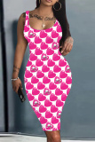 Pink Love Print Sleeveless U Neck Knee Length Bodycon Pencil Tank Midi Dress