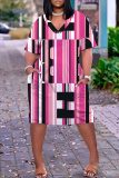 Black Pink Graphics Print V Neck Short Sleeve Loose Pockets Straight Casual Midi T-Shirt Dress