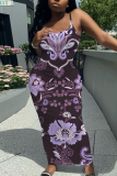 Camel Floral Print Sleeveless Backless Spaghetti Strap Square Neck Vacation Bodycon Maxi Slip Dress