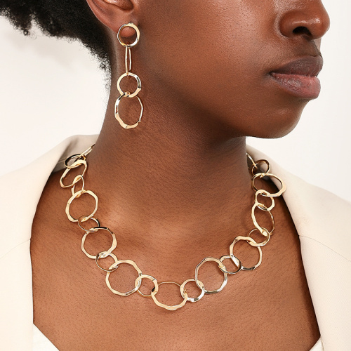 Gold Casual Loop Round Necklace And Earrings Two Piece Set