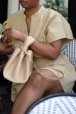 Camel V Neck Short Sleeve With Belt Casual Formal Office Lady Mini Dress