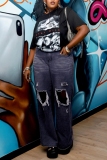 Blue Hollow Out High Waist Straight Leg Casual Ripped Denim Jeans