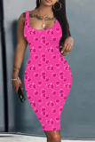 Pink Love Print Sleeveless U Neck Knee Length Bodycon Pencil Tank Midi Dress