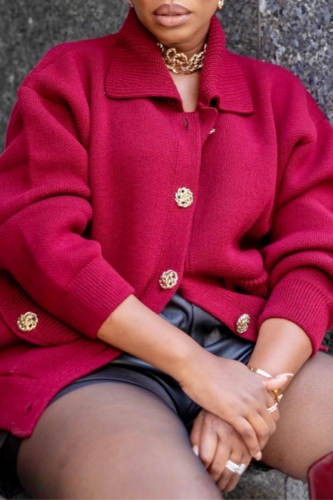 Claret Turndown Collar Long Sleeve Buttons Casual Fall Winter Knitted Sweater Jackets