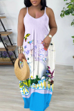 Pink Purple Floral Print Backless Spaghetti Strap Floor Length Vacation Baggy Plus Size Sundress Slip Maxi Dress