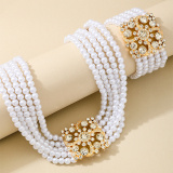 White Pearls Decor Rhinestone Decor Necklaces Bracelet Casual Two Piece Set