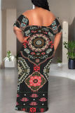 White National Totem Print Off Shoulder Flutter Sleeve Long Loose Vacation Plus Size Maxi Dresses