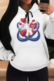 White Pink Cartoon Animal Print Long Sleeve Draw String Pocket Casual Fall Winter Hooded Sweatshirt