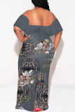 Green Geometric Print Off Shoulder Ruffle Sleeve Casual Outing Plus Size Vacation Loose Fit Maxi Dresses