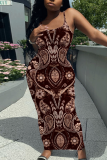 Camel Floral Print Sleeveless Backless Spaghetti Strap Square Neck Vacation Bodycon Maxi Slip Dress