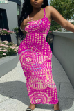 Rose Red Graphics Print Sleeveless Backless Spaghetti Strap Square Neck Vacation Bodycon Maxi Slip Dress