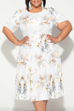 Light Purple Floral Polka Dot Stripe Print O Neck Short Sleeve Ruffle Hem Casual Vacation Plus Size Midi T-shirt Dresses