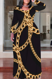 Glod Chain Print Crewneck Long Sleeve Floor Length Vacation Casual Baggy Maxi Dress