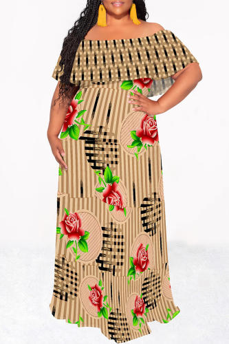 Khaki Leopard Flowers Geometric Print Off Shoulder Flutter Sleeve Long Loose Vacation Plus Size Maxi Dresses