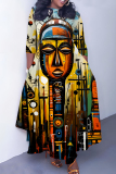 Multicolor African Figure Print O Neck 3/4 Sleeve Belted Pockets Long Vacation Casual Pleated A Line Maxi Dresses