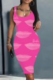 Dark Pink Barbie Print Sleeveless U Neck Knee Length Bodycon Pencil Tank Midi Dress