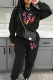 Black Red Casual Graphcis Love Print O Neck Long Sleeve Sweatshirt And Skinny Pants Sportwear Matching Sweatsuit Set