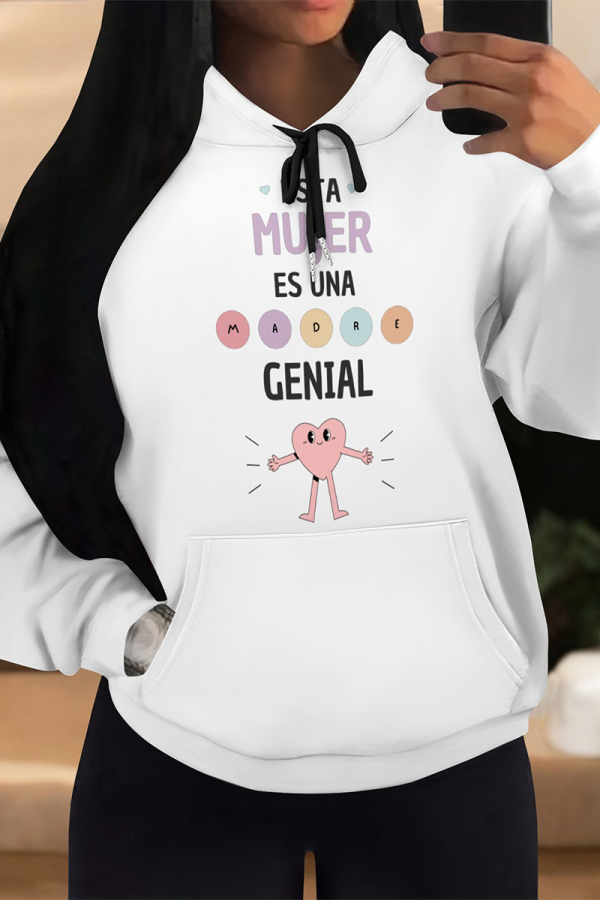 White Pink Cartoon Animal Print Long Sleeve Draw String Pocket Casual Fall Winter Hooded Sweatshirt