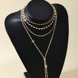 Gold Tone Layered Rhinestone Tassel Necklaces
