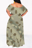 Gray Black Floral Print Off Shoulder Ruffle Sleeve Casual Outing Plus Size Vacation Loose Fit Maxi Dresses