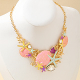 Gold Floral Rhinestone Shell Starfish Chains Necklaces
