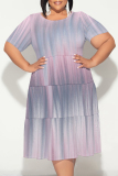 Light Purple Floral Polka Dot Stripe Print O Neck Short Sleeve Ruffle Hem Casual Vacation Plus Size Midi T-shirt Dresses