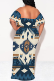 White National Totem Print Off Shoulder Flutter Sleeve Long Loose Vacation Plus Size Maxi Dresses