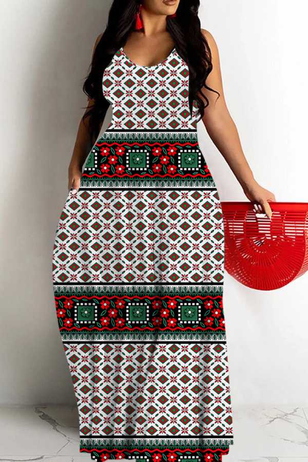 Red Green Graphics Boho Print Backless Spaghetti Strap Floor Length Vacation Baggy Plus Size Sundress Slip Maxi Dress