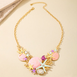 Gold Floral Rhinestone Shell Starfish Chains Necklaces