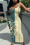 Camel Floral Print Sleeveless Backless Spaghetti Strap Square Neck Vacation Bodycon Maxi Slip Dress