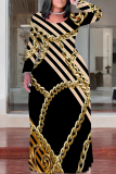 Glod Chain Print Crewneck Long Sleeve Floor Length Vacation Casual Baggy Maxi Dress