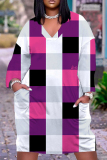 Light Blue Casual Graphics Print V Neck Long Sleeve Knee Length Pocket Straight Loose Midi Dress