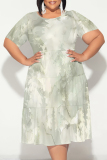 Light Purple Floral Polka Dot Stripe Print O Neck Short Sleeve Ruffle Hem Casual Vacation Plus Size Midi T-shirt Dresses