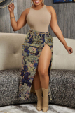 Multicolor Jacquard Cartoon Print Buttons Slit High Waist Casual Maxi Skirts