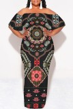White National Totem Print Off Shoulder Flutter Sleeve Long Loose Vacation Plus Size Maxi Dresses