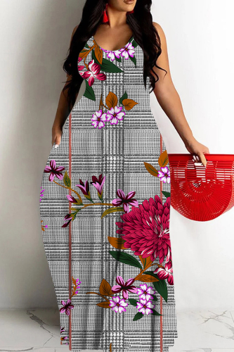 Reddish Brown Graphics Print Backless Spaghetti Strap Floor Length Vacation Baggy Plus Size Sundress Slip Maxi Dress