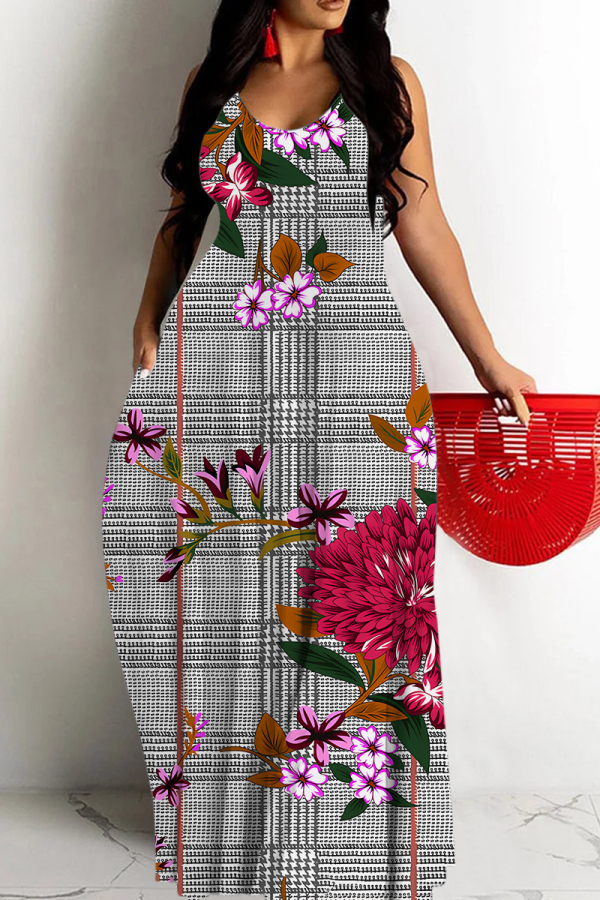Reddish Brown Graphics Print Backless Spaghetti Strap Floor Length Vacation Baggy Plus Size Sundress Slip Maxi Dress