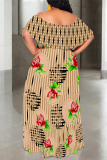 Khaki Leopard Flowers Geometric Print Off Shoulder Flutter Sleeve Long Loose Vacation Plus Size Maxi Dresses