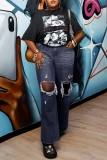 Blue Hollow Out High Waist Straight Leg Casual Ripped Denim Jeans