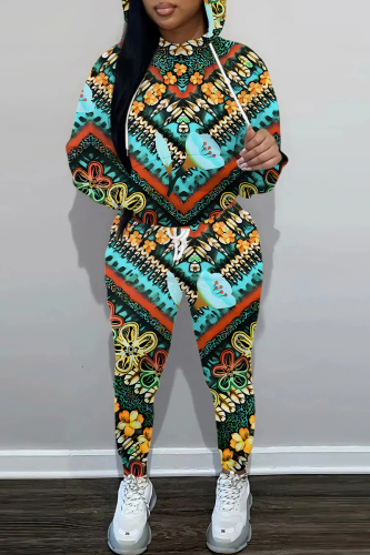 Multicolor Graphics Print Hooded Long Sleeve Sweatshirts and Drawstring Pants Sportwear Casual Two Pieces Sweatsuits Sets