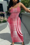 Rose Red Graphics Print Sleeveless Backless Spaghetti Strap Square Neck Vacation Bodycon Maxi Slip Dress