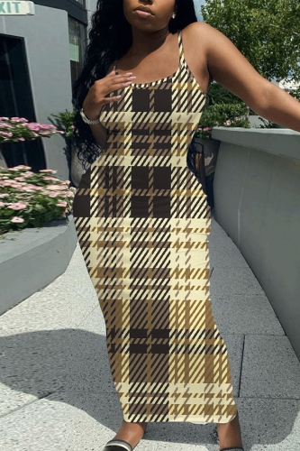 Camel Floral Print Sleeveless Backless Spaghetti Strap Square Neck Vacation Bodycon Maxi Slip Dress
