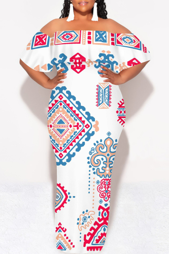 White National Totem Print Off Shoulder Flutter Sleeve Long Loose Vacation Plus Size Maxi Dresses