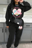 Black Red Casual Graphcis Love Print O Neck Long Sleeve Sweatshirt And Skinny Pants Sportwear Matching Sweatsuit Set