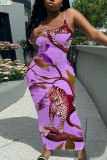 Rose Red Graphics Print Sleeveless Backless Spaghetti Strap Square Neck Vacation Bodycon Maxi Slip Dress