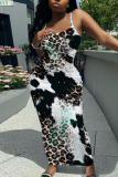 Rose Red Graphics Print Sleeveless Backless Spaghetti Strap Square Neck Vacation Bodycon Maxi Slip Dress