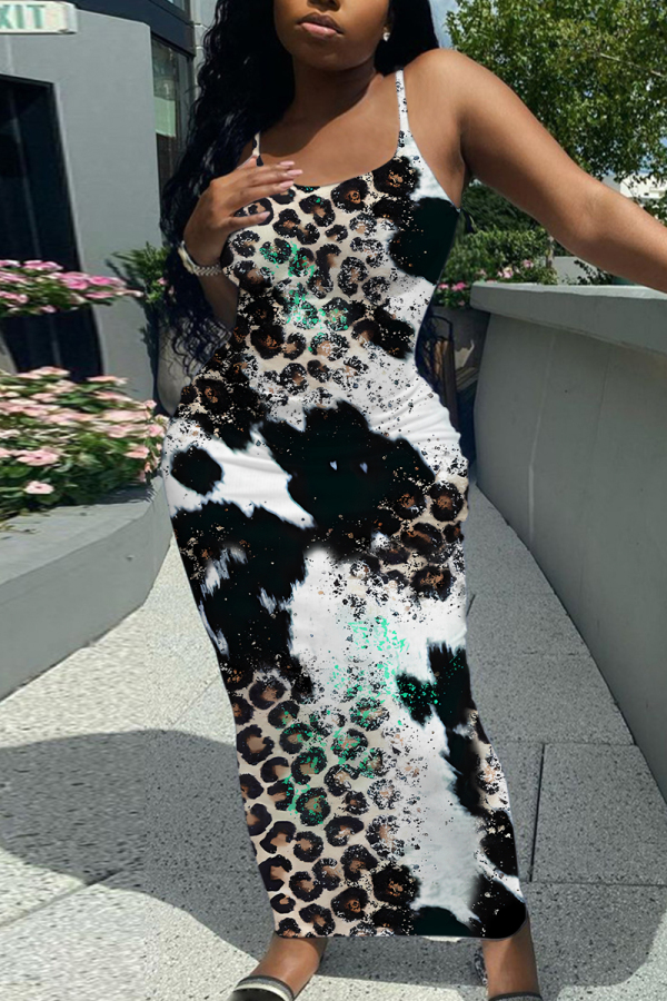 Rose Red Graphics Print Sleeveless Backless Spaghetti Strap Square Neck Vacation Bodycon Maxi Slip Dress