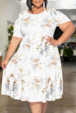 Light Purple Floral Polka Dot Stripe Print O Neck Short Sleeve Ruffle Hem Casual Vacation Plus Size Midi T-shirt Dresses
