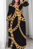 Glod Chain Print Crewneck Long Sleeve Floor Length Vacation Casual Baggy Maxi Dress